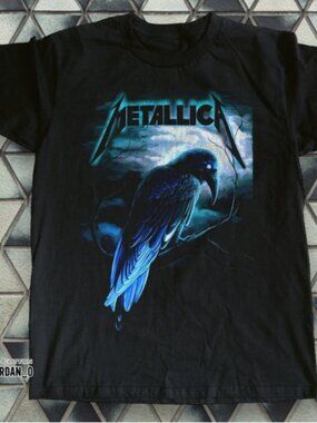Retro Metal Raven Graphic Tee - Electric Blue Rock Music Inspired Cotton T-shirt